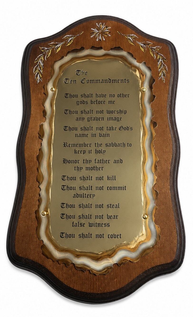 Vintage Ten Commandments Wall Plaque Faux Wood Gold Tone Religious Decor